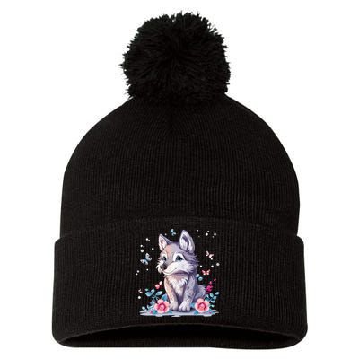 Cute Wolf With Flowers Pom Pom 12in Knit Beanie