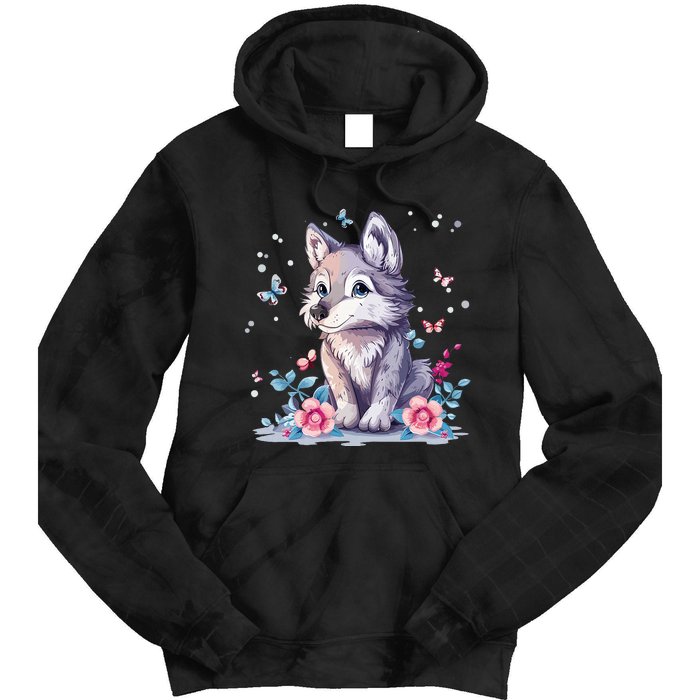 Cute Wolf With Flowers Tie Dye Hoodie