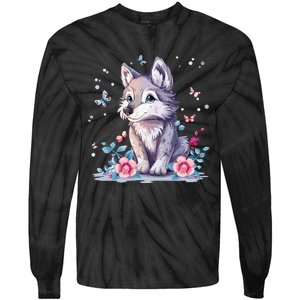 Cute Wolf With Flowers Tie-Dye Long Sleeve Shirt