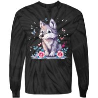 Cute Wolf With Flowers Tie-Dye Long Sleeve Shirt