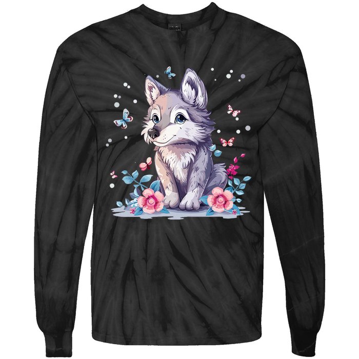 Cute Wolf With Flowers Tie-Dye Long Sleeve Shirt