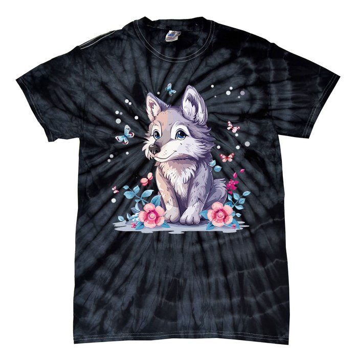 Cute Wolf With Flowers Tie-Dye T-Shirt