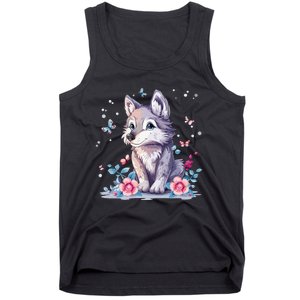 Cute Wolf With Flowers Tank Top