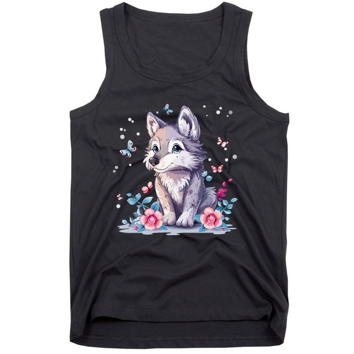 Cute Wolf With Flowers Tank Top