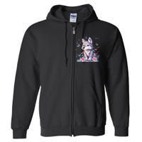 Cute Wolf With Flowers Full Zip Hoodie