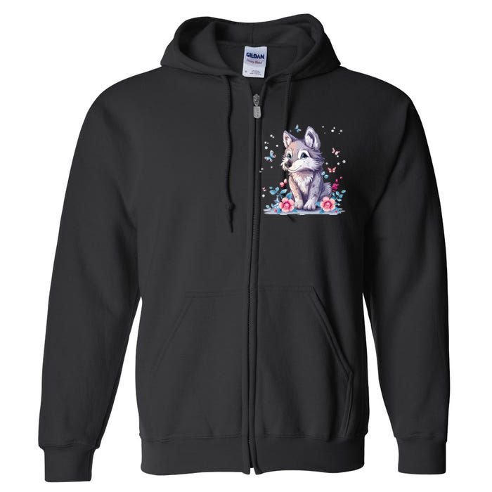 Cute Wolf With Flowers Full Zip Hoodie