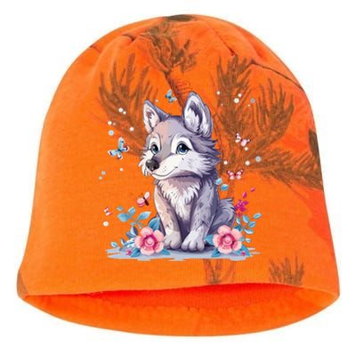 Cute Wolf With Flowers Kati - Camo Knit Beanie