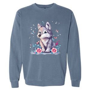 Cute Wolf With Flowers Garment-Dyed Sweatshirt