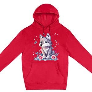 Cute Wolf With Flowers Premium Pullover Hoodie