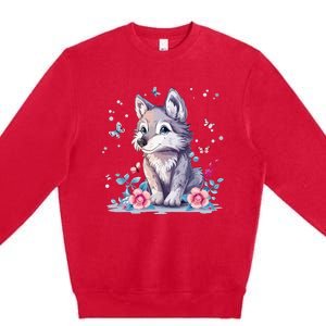 Cute Wolf With Flowers Premium Crewneck Sweatshirt