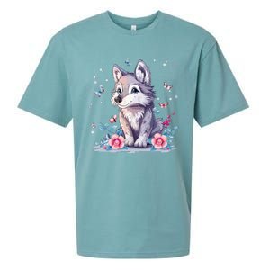 Cute Wolf With Flowers Sueded Cloud Jersey T-Shirt