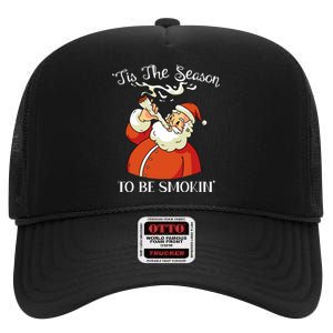 Christmas Weed With Santa Claus Smoking A Joint Funny Xmas High Crown Mesh Back Trucker Hat