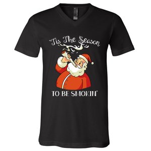 Christmas Weed With Santa Claus Smoking A Joint Funny Xmas V-Neck T-Shirt