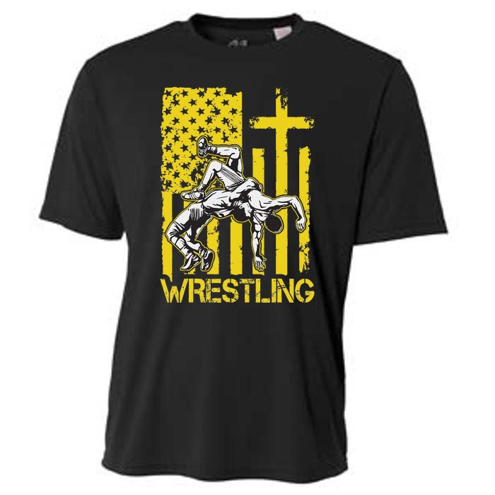 Christian Wrestling Wrestler American Usa Flag God Jesus Cooling Performance Crew T-Shirt