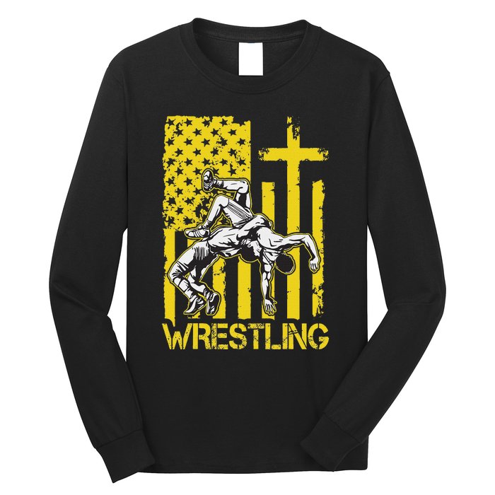 Christian Wrestling Wrestler American Usa Flag God Jesus Long Sleeve Shirt