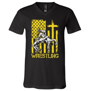 Christian Wrestling Wrestler American Usa Flag God Jesus V-Neck T-Shirt