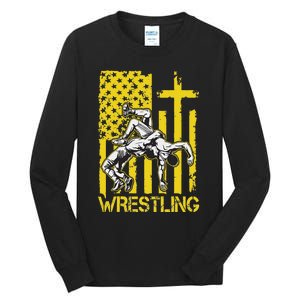 Christian Wrestling Wrestler American Usa Flag God Jesus Tall Long Sleeve T-Shirt