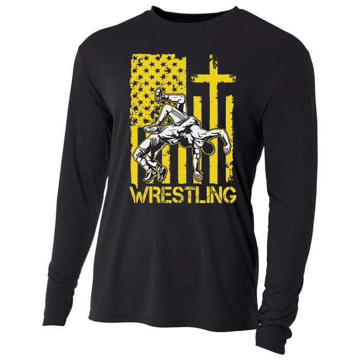 Christian Wrestling Wrestler American Usa Flag God Jesus Cooling Performance Long Sleeve Crew