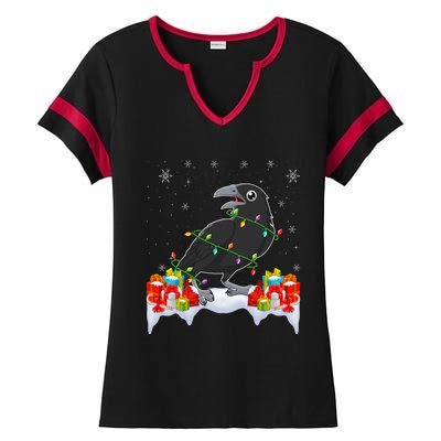 Crow Wearing Xmas Light Funny Crow Lover Christmas Ladies Halftime Notch Neck Tee