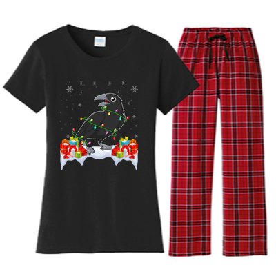 Crow Wearing Xmas Light Funny Crow Lover Christmas Women's Flannel Pajama Set