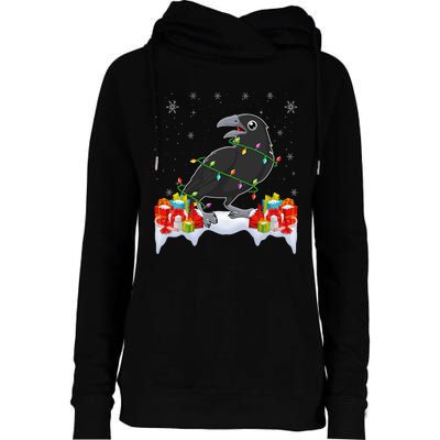 Crow Wearing Xmas Light Funny Crow Lover Christmas Womens Funnel Neck Pullover Hood