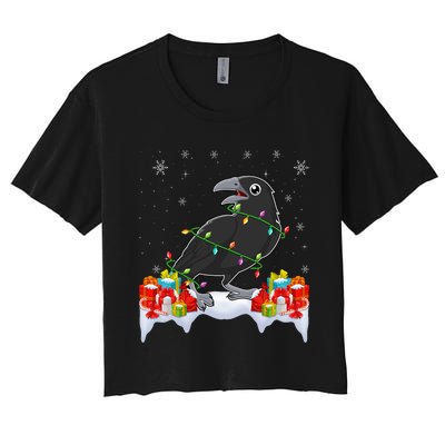 Crow Wearing Xmas Light Funny Crow Lover Christmas Women's Crop Top Tee