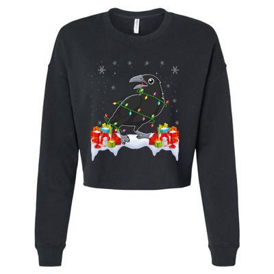 Crow Wearing Xmas Light Funny Crow Lover Christmas Cropped Pullover Crew