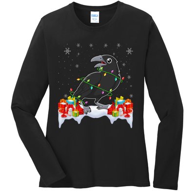 Crow Wearing Xmas Light Funny Crow Lover Christmas Ladies Long Sleeve Shirt