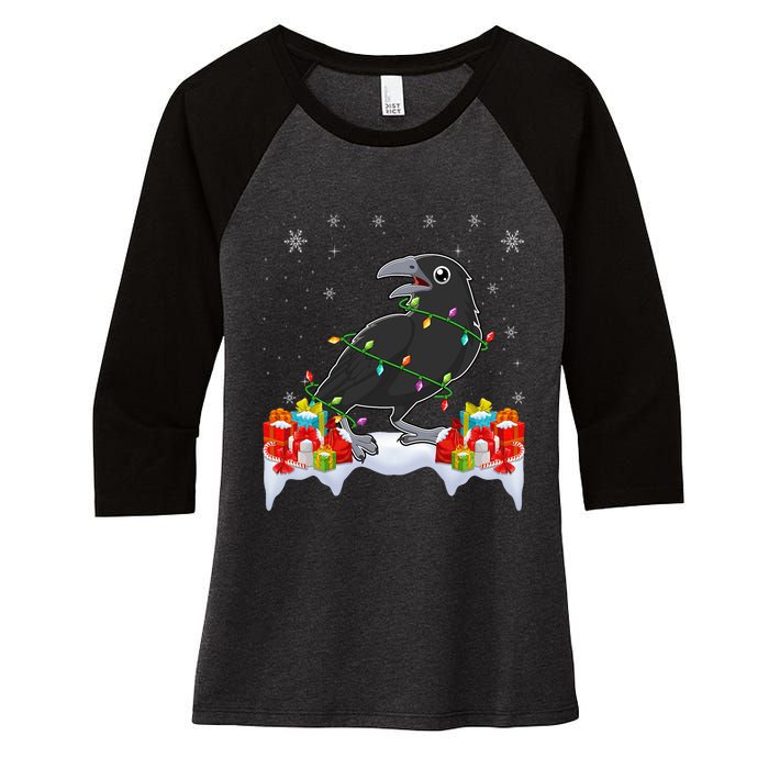 Crow Wearing Xmas Light Funny Crow Lover Christmas Women's Tri-Blend 3/4-Sleeve Raglan Shirt