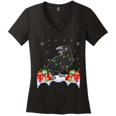 Crow Wearing Xmas Light Funny Crow Lover Christmas Women's V-Neck T-Shirt