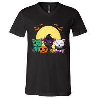 Cat Witch Zombie Vampire Lazy Halloween Costume Cute Kitten V-Neck T-Shirt