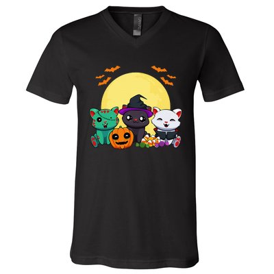 Cat Witch Zombie Vampire Lazy Halloween Costume Cute Kitten V-Neck T-Shirt