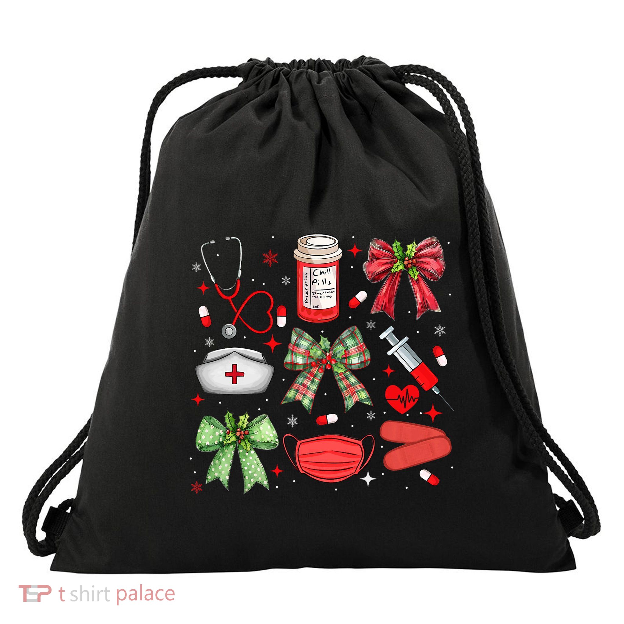 Christmas Xmas Coquette Bow Rn Cna Icu Scurb Nurse Doctor Drawstring Bag