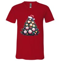 Christmas Xmas Holiday Tree Baseball Lover Funny V-Neck T-Shirt