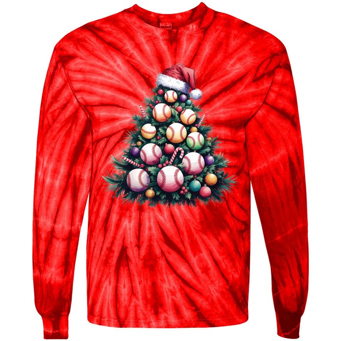 Christmas Xmas Holiday Tree Baseball Lover Funny Tie-Dye Long Sleeve Shirt