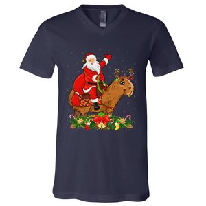 Capybara Xmas Matching Funny Santa Riding Capybara Christmas V-Neck T-Shirt