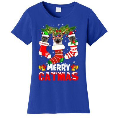 Cute Xmas Merry Catmas Siamese Cat Christmas Socks Gift Women's T-Shirt