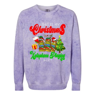 Christmas Xylophone Playing Three Santa Elf Xylophones Colorblast Crewneck Sweatshirt