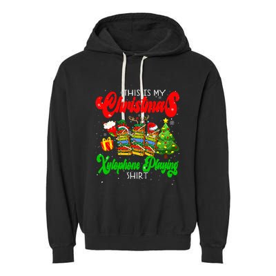 Christmas Xylophone Playing Three Santa Elf Xylophones Garment-Dyed Fleece Hoodie