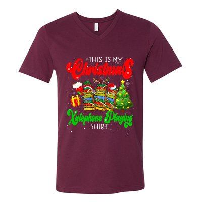 Christmas Xylophone Playing Three Santa Elf Xylophones V-Neck T-Shirt