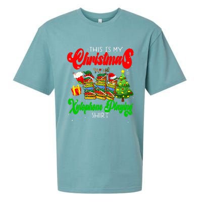 Christmas Xylophone Playing Three Santa Elf Xylophones Sueded Cloud Jersey T-Shirt