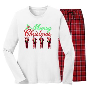 Christmas Xmas Pajamas Holiday Funny Trump Dance Santa Claus Women's Long Sleeve Flannel Pajama Set 