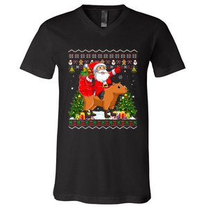 Capybara Xmas Pajamas Ugly Santa Riding Capybara Christmas V-Neck T-Shirt