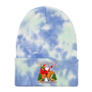 Capybara Xmas Pajamas Ugly Santa Riding Capybara Christmas Tie Dye 12in Knit Beanie