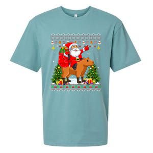 Capybara Xmas Pajamas Ugly Santa Riding Capybara Christmas Sueded Cloud Jersey T-Shirt