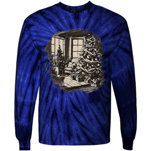 Christmas Xmas Sketch Pic Tree Presents Gifts Tie-Dye Long Sleeve Shirt