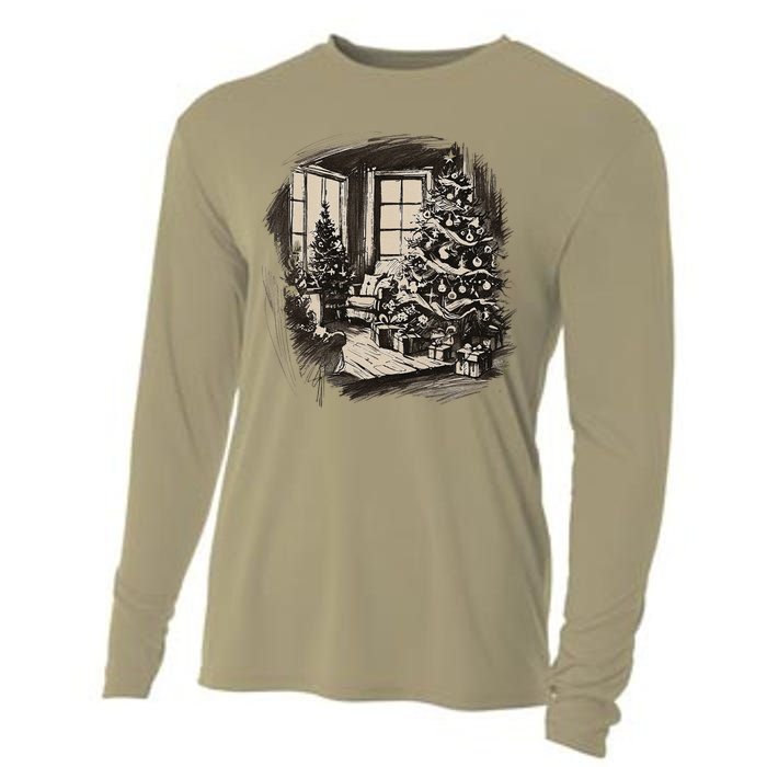 Christmas Xmas Sketch Pic Tree Presents Gifts Cooling Performance Long Sleeve Crew