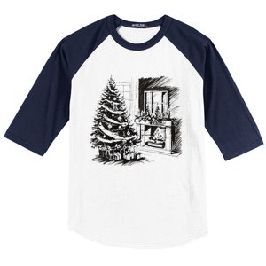 Christmas Xmas Sketch Pic Tree Presents Gifts Baseball Sleeve Shirt