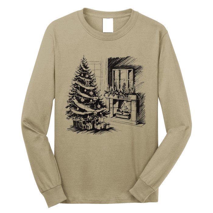 Christmas Xmas Sketch Pic Tree Presents Gifts Long Sleeve Shirt