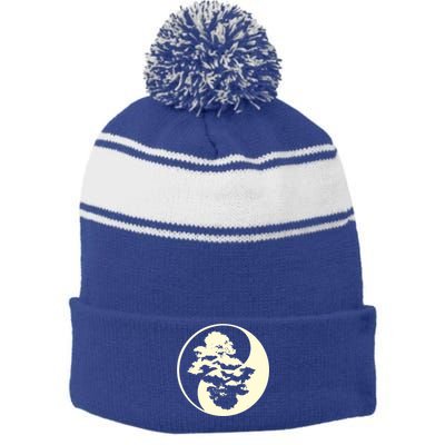 Cool Yin And Yang Circle With Trees Forest Harmony Yin Yang Gift Stripe Pom Pom Beanie